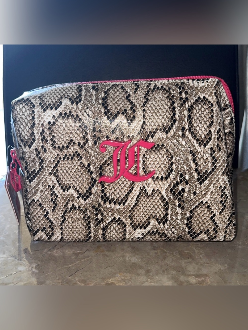 Juicy Couture Snake-Print Cosmetic Case with Hot Pink Logo